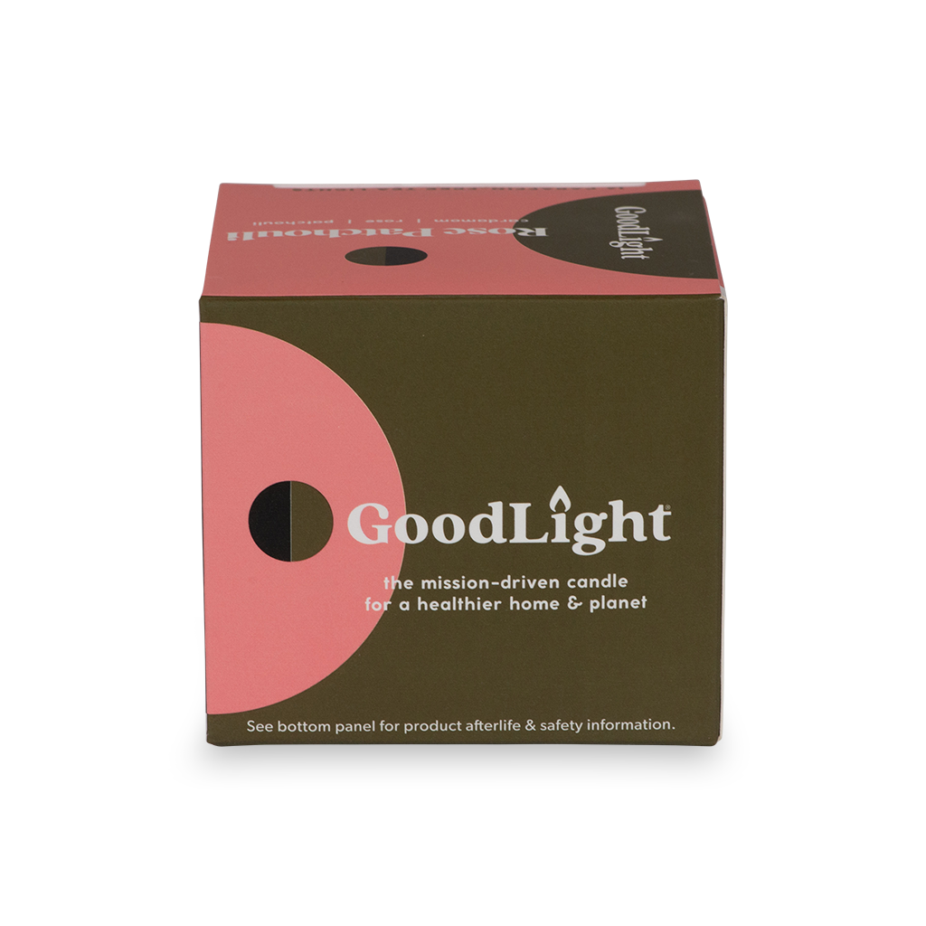 Back of Rose Patchouli tea candle packaging on a white background