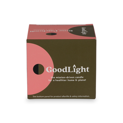 Back of Rose Patchouli tea candle packaging on a white background