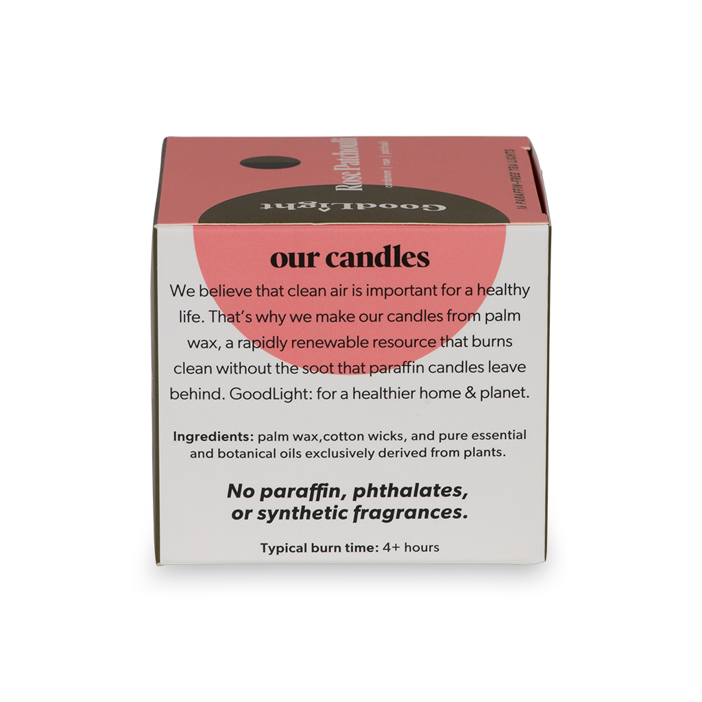 Box of GoodLight candles with text about palm wax and sustainability on a white background