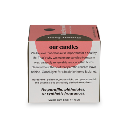 Box of GoodLight candles with text about palm wax and sustainability on a white background