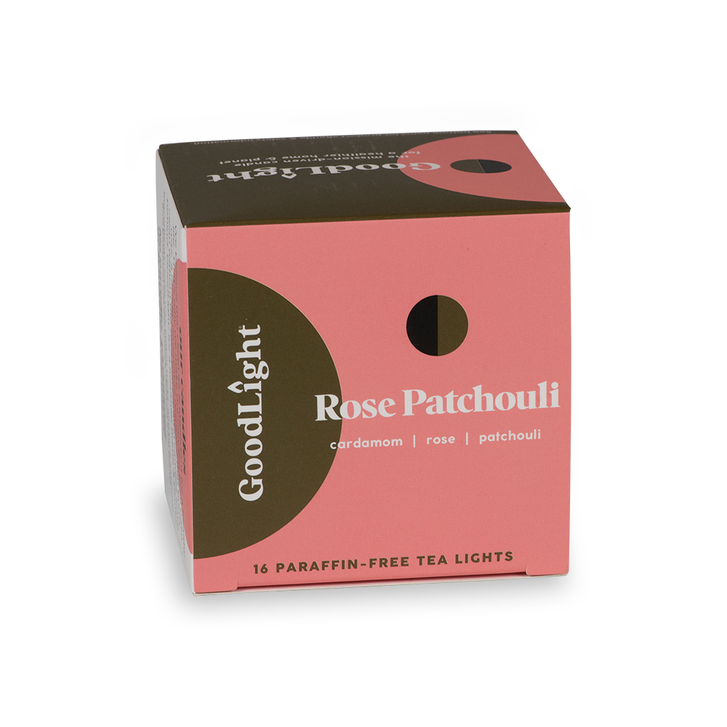 Box of GoodLight Rose Patchouli tea lights on a white background