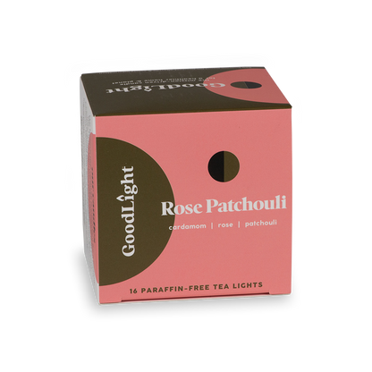Box of GoodLight Rose Patchouli tea lights on a white background
