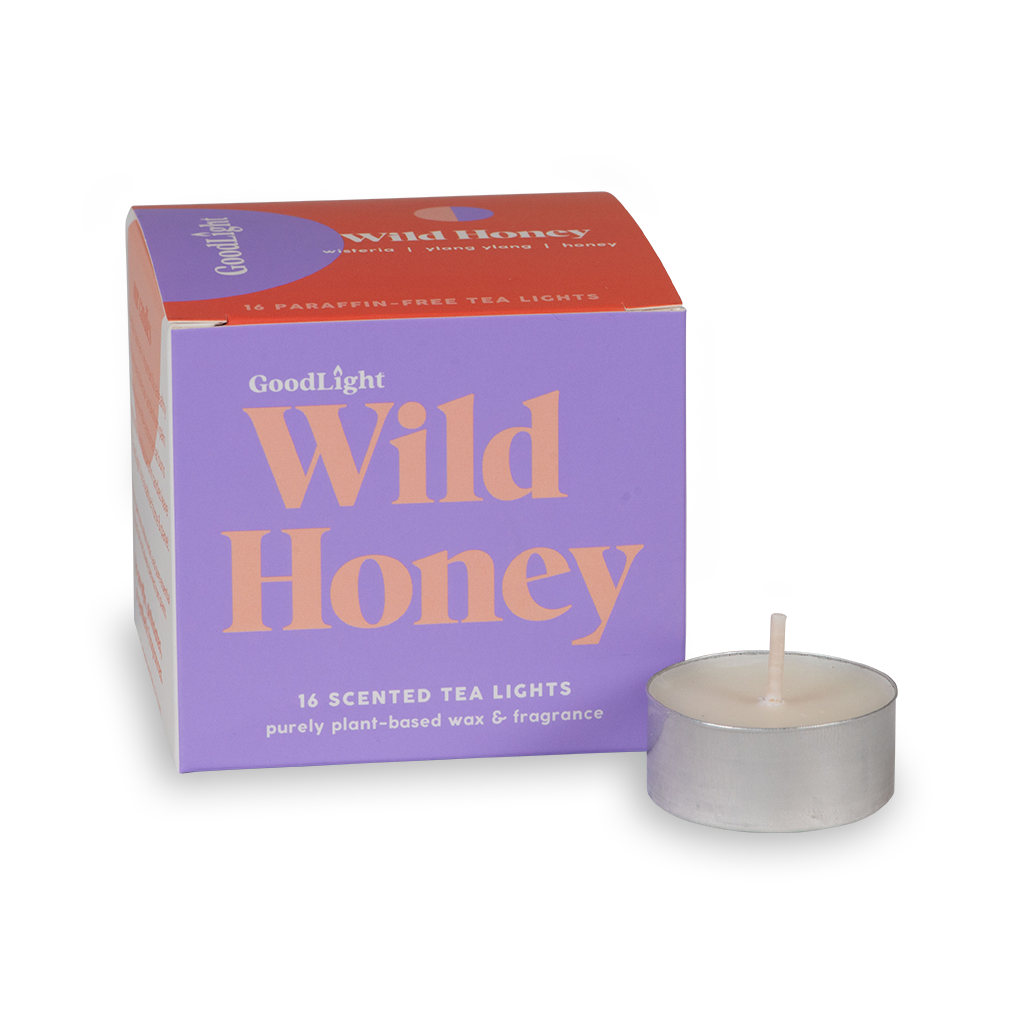 GoodLight Wild Honey scented tea lights packaging with a single tea light in front on a white background