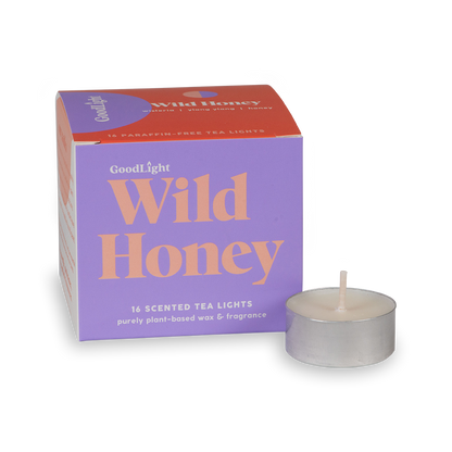 GoodLight Wild Honey scented tea lights packaging with a single tea light in front on a white background
