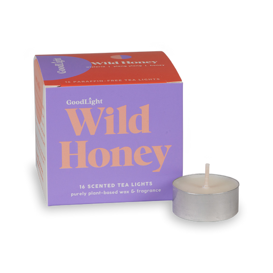 GoodLight Wild Honey scented tea lights packaging with a single tea light in front on a white background