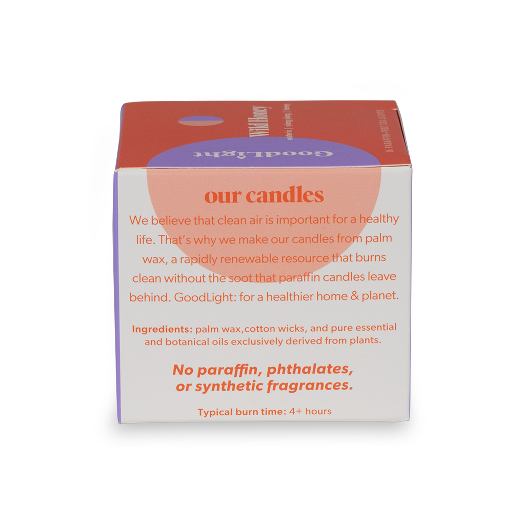 Box of GoodLight candles with text about palm wax and sustainability on a white background