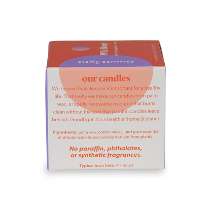 Box of GoodLight candles with text about palm wax and sustainability on a white background